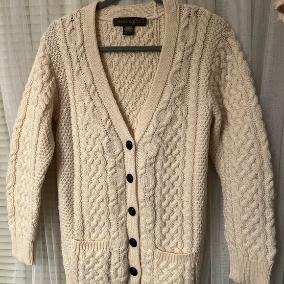 Iris Crafts 100 Merino Wool V-Neck  BeigeSweater Button Cable Knit w/Pockets S J - Picture 2 of 11